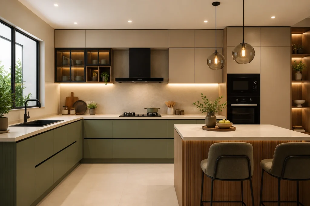 Modern modular kitchen showcasing the latest Kitchen Design Trends for Indian Apartments with smart storage, neutral finishes, and an elegant island layout.
