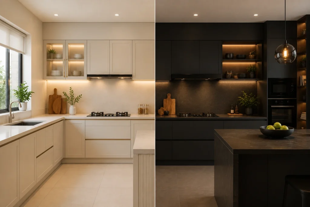 Side-by-side comparison of Light vs Dark Kitchen Cabinets in a modern modular kitchen, highlighting contrasting styles, finishes, and ambiance.
