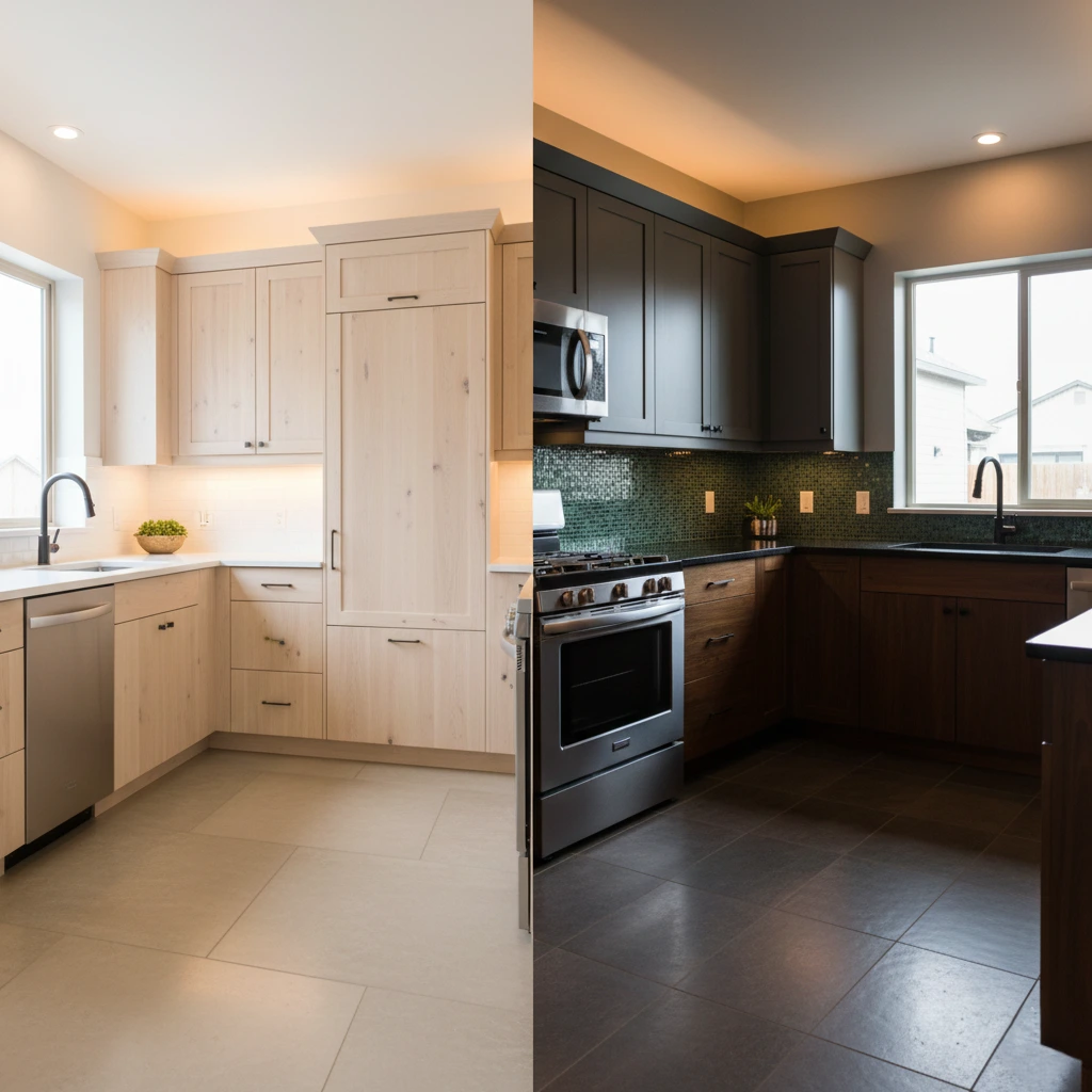 Light vs dark kitchen cabinets showing how kitchen cabinet color affects maintenance, durability, and long-term performance in Indian kitchens