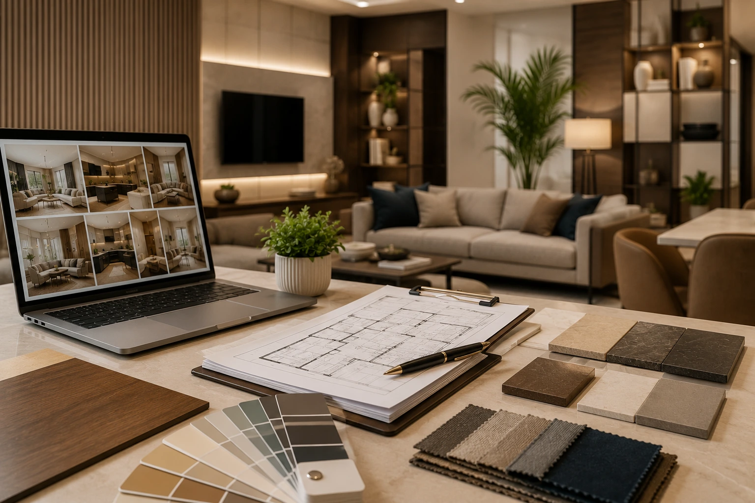Professional Interior Design Company showcasing a modern home design consultation with floor plans, material samples, and contemporary living room concepts.