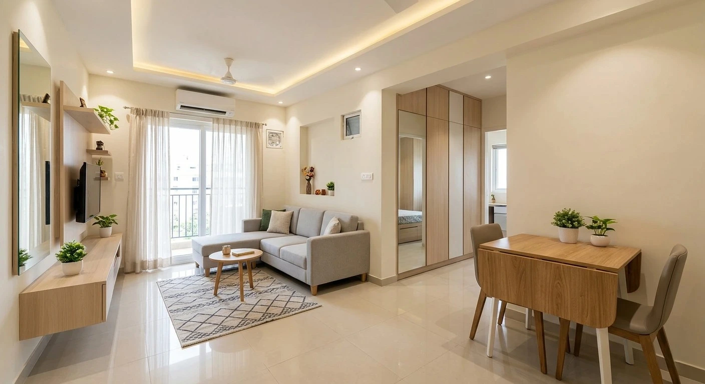 Minimalist living room with smart furniture layout and neutral tones showcasing interior design tips for small spaces in a modern 2BHK apartment