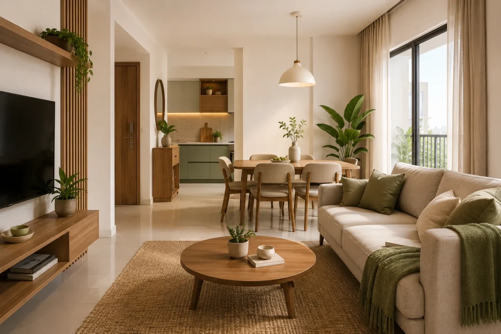 Small flat interior design with an open living and dining layout, smart furniture placement, natural lighting, and spacious walkways.