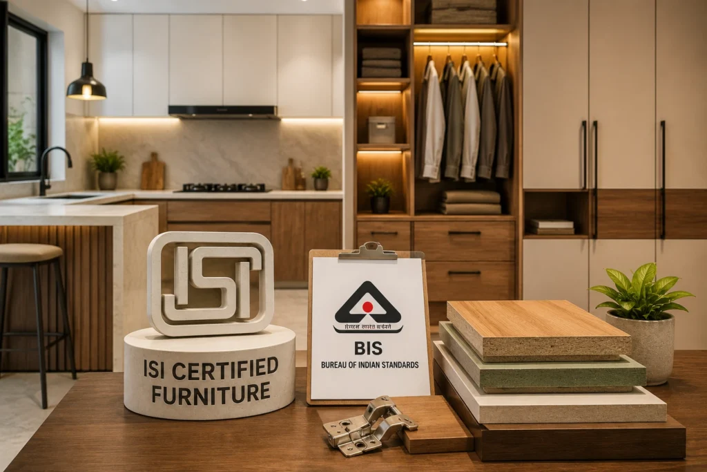 ISI certified furniture with BIS certification mark, modular kitchen and wardrobe