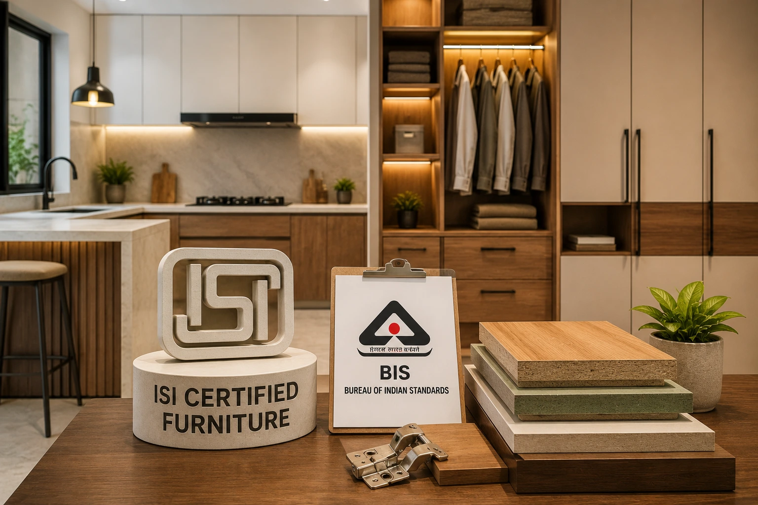 ISI certified furniture with BIS certification mark, modular kitchen and wardrobe